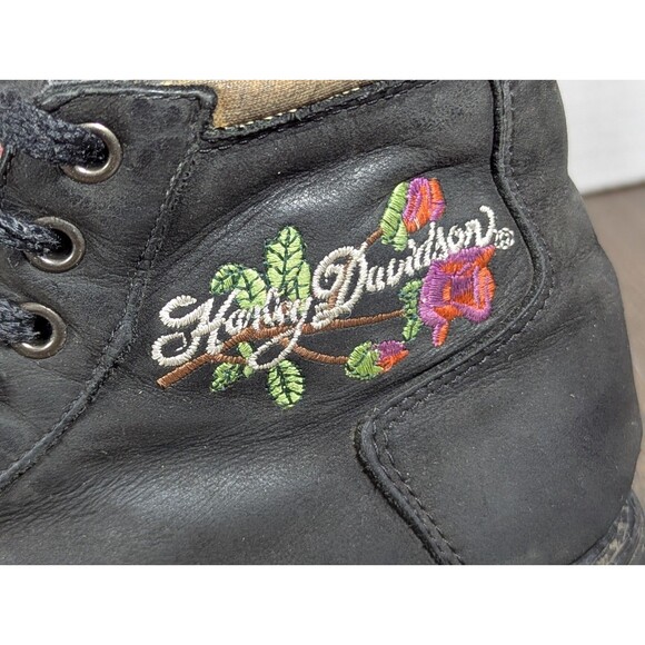 VTG HARLEY DAVIDSON Leather Motorcycle Boots Womens 7 Black Embroidered Rose - Picture 3 of 15